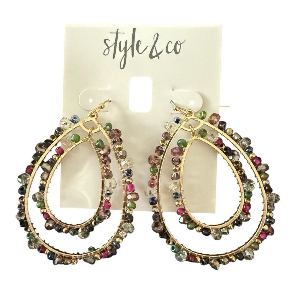 Style & Co Boho Gold Multicolor Beaded Double Teardrop Dangle Earrings NWT